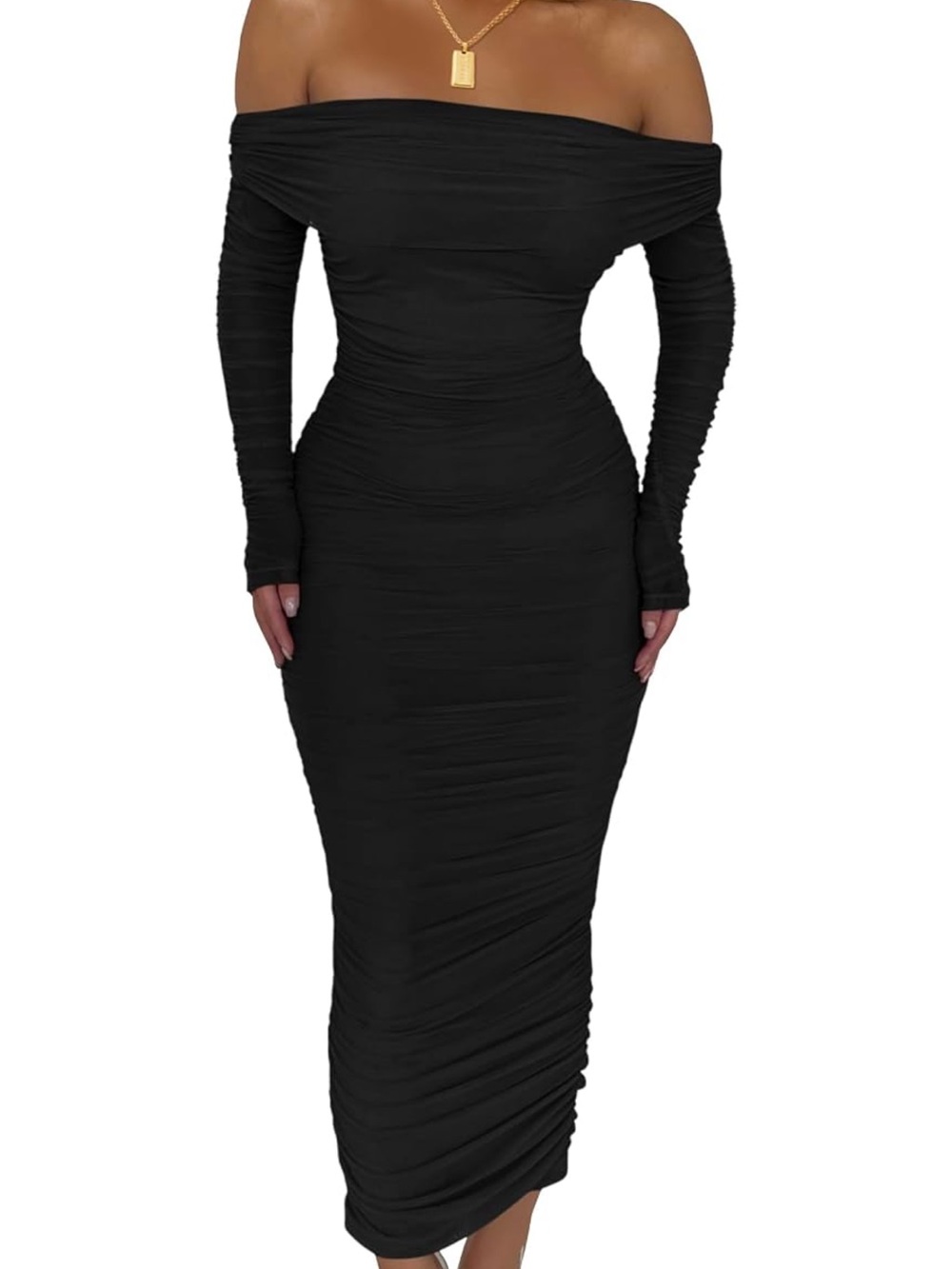 Off-the-Shoulder Long Sleeve Black Ruched Bodycon Maxi Dress